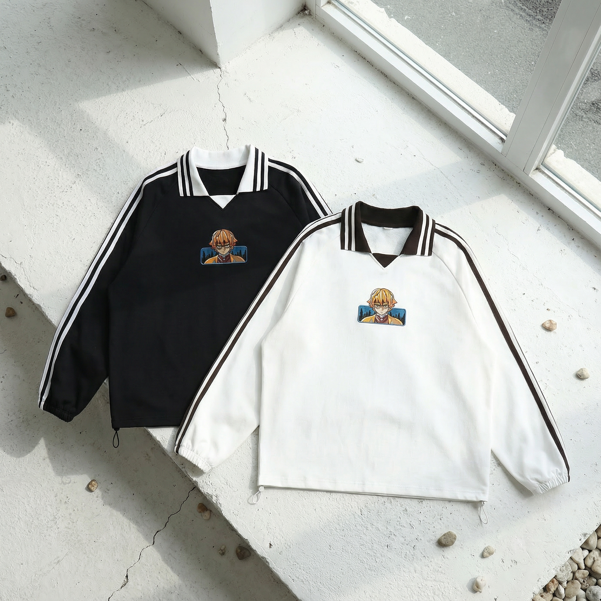 Contrast Striped Lapel Collar Sweatshirt