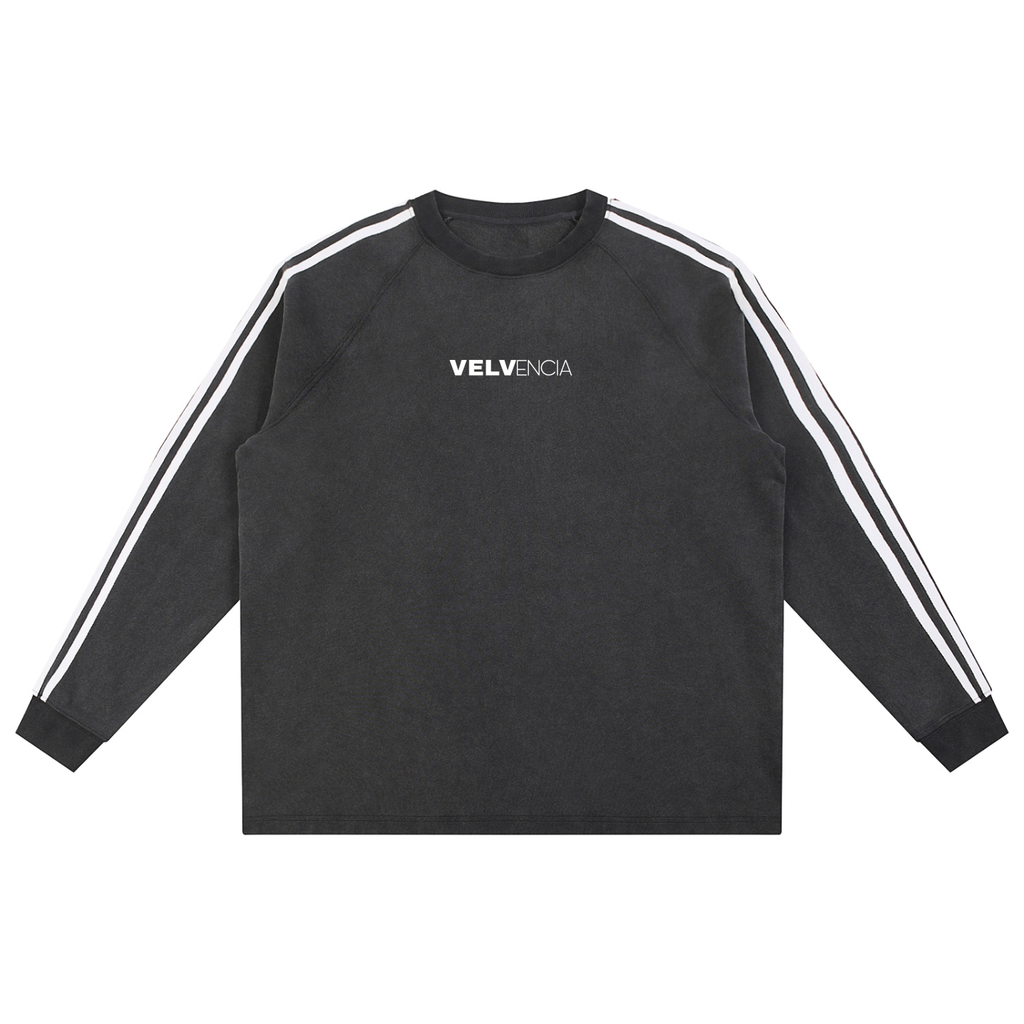 Black long-sleeve shirt with white stripes on sleeves and 'VELVENCIA' logo on a white background