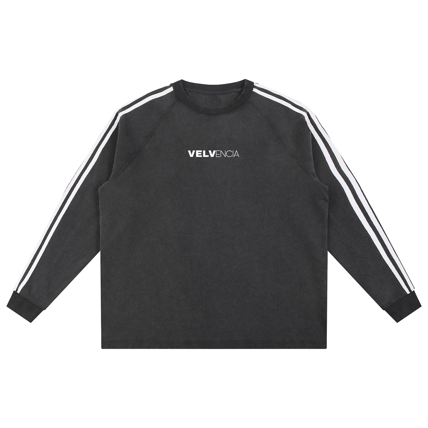 Black long-sleeve shirt with white stripes on sleeves and 'VELVENCIA' logo on a white background