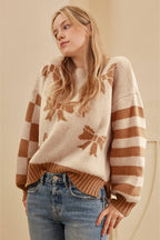 Straw Yellow Striped Checkered Sleeves Bow Print Knit Sweater