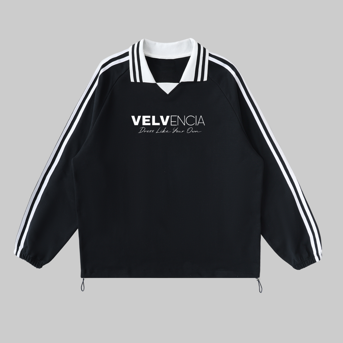 Black jacket with white stripes and 'VELVENCIA' logo on a white background