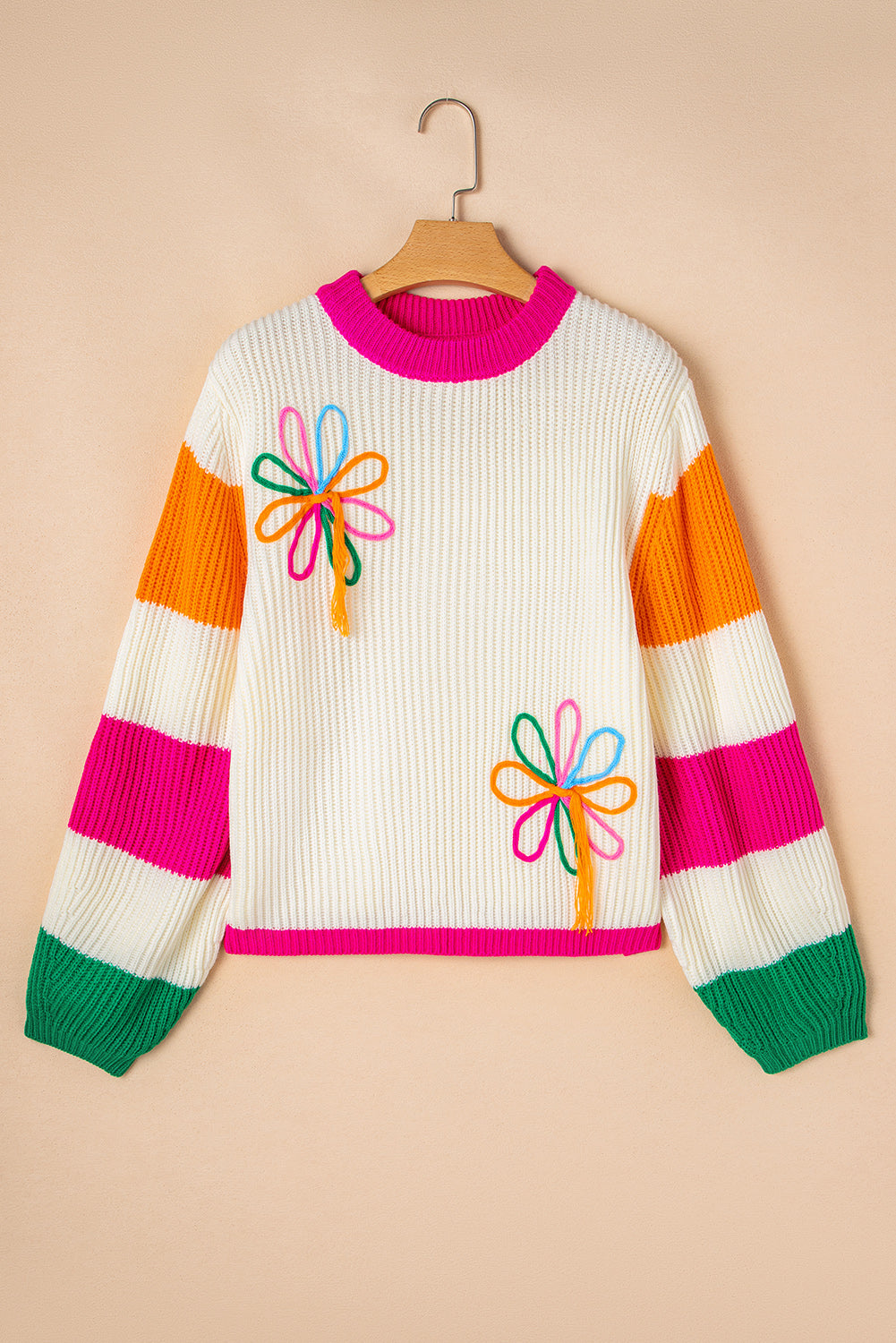 Beige Cute Flower Colorblock Puff Sleeve Sweater