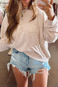 Beige Raw Edge Flower Patch Drop Shoulder Long Sleeve Top
