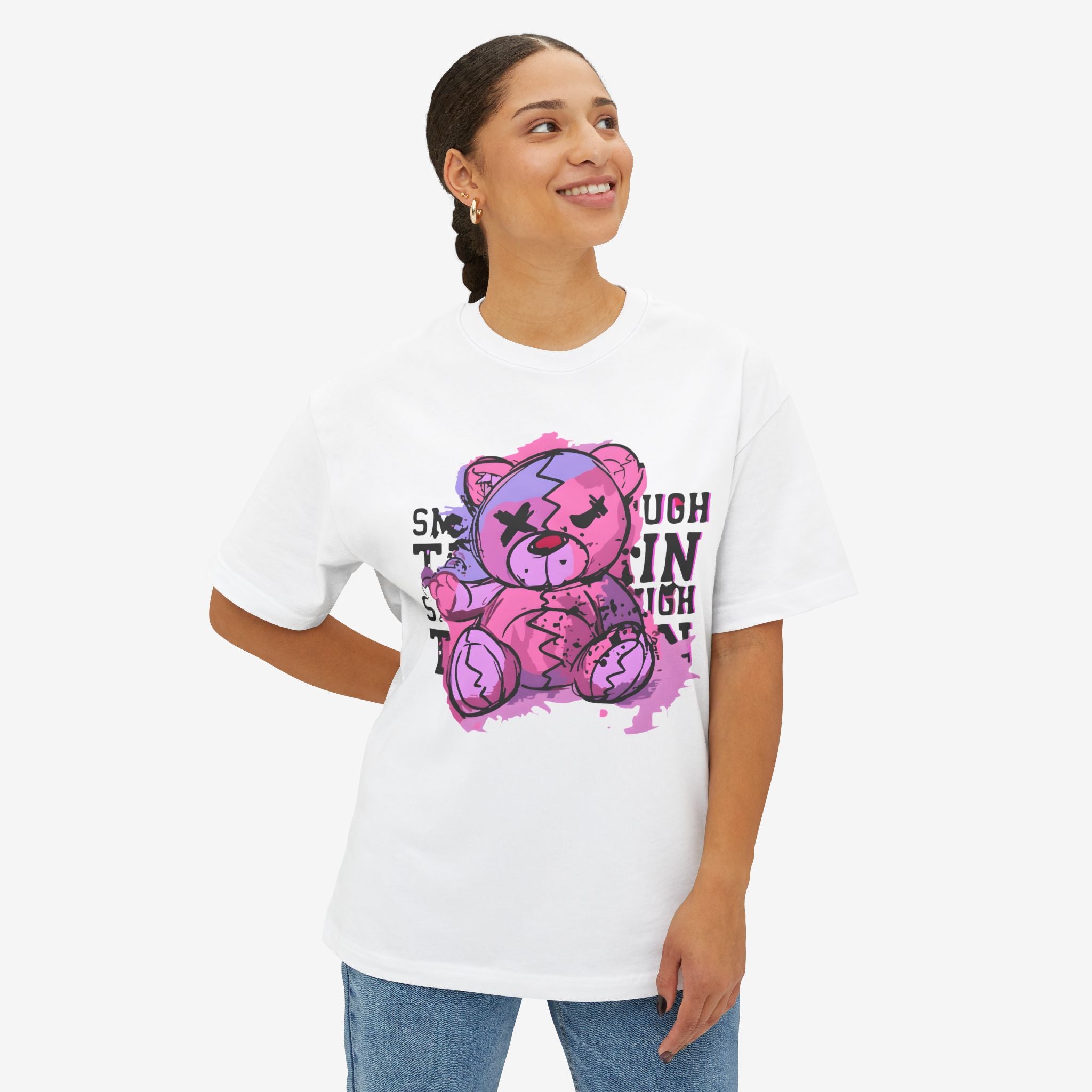 Cute Oversized Tee with Graphic Bear Design, Fun Casual Wear, Gift for Teens, Weekend Style, Streetwear Fashion, Unique Graphic Tee
