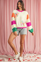 Beige Cute Flower Colorblock Puff Sleeve Sweater
