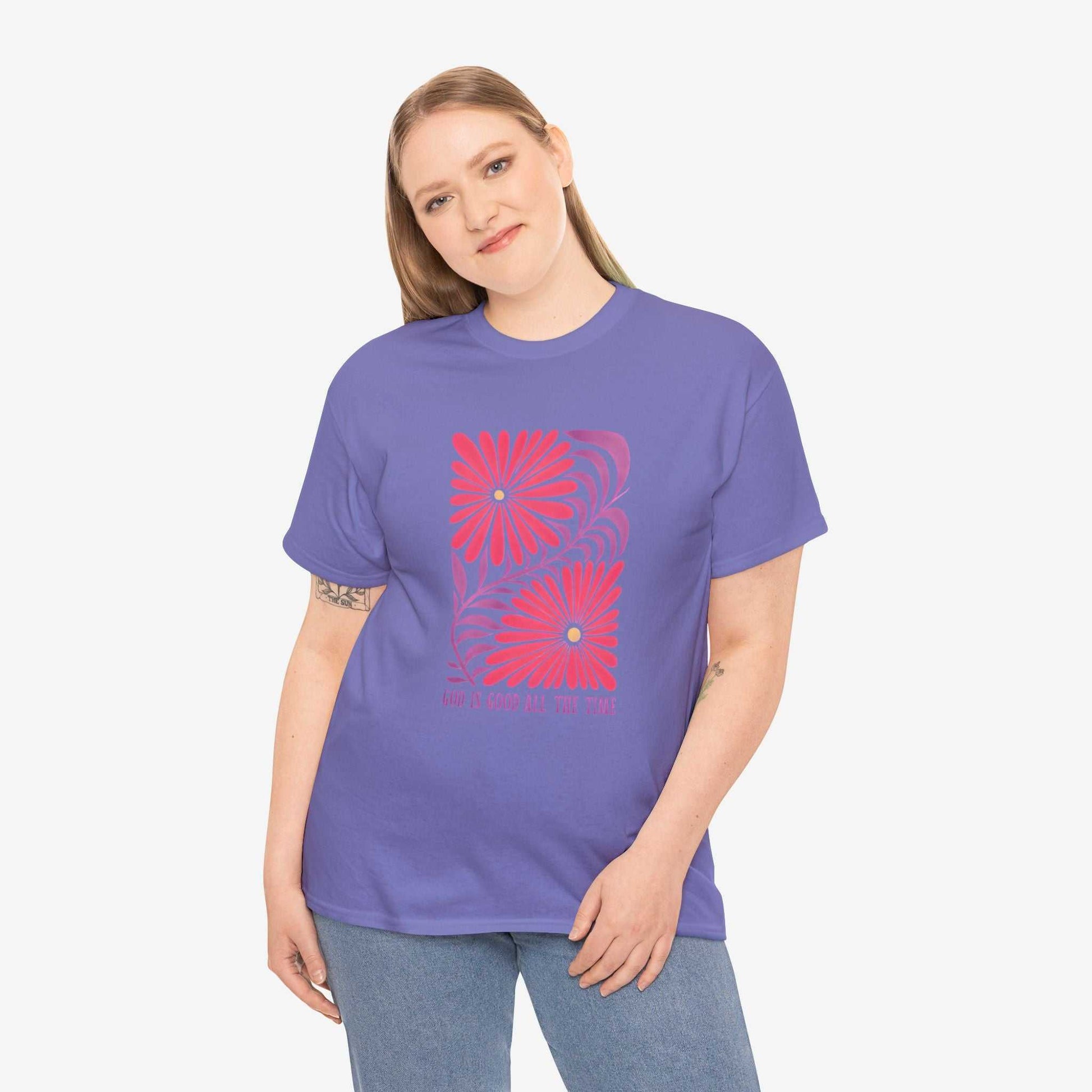 God is Good Heavy Cotton Tee - Inspirational Floral Design for Everyday Wear