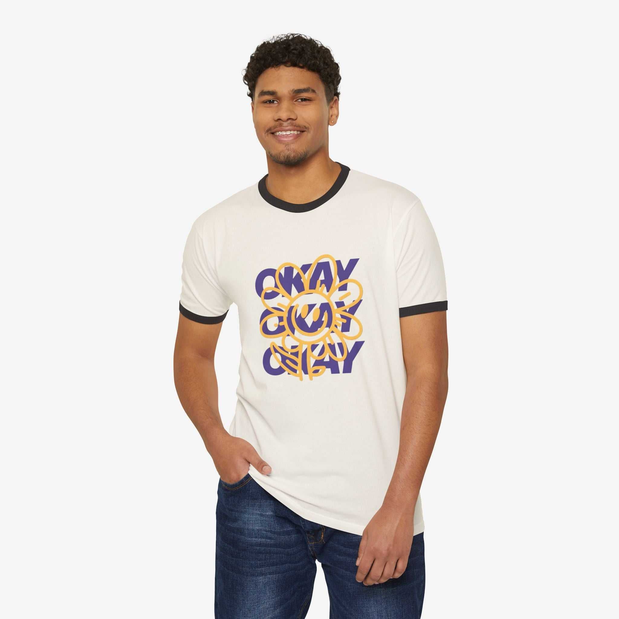 Unisex Cotton Ringer T-Shirt - "Okay" Floral Design, Casual Wear
