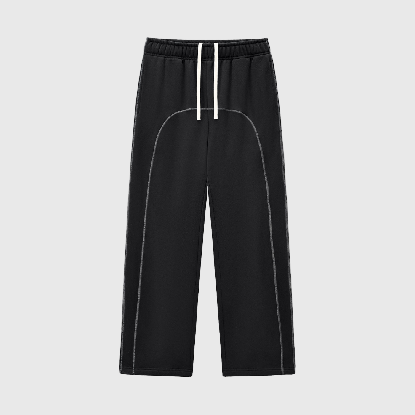 Black pants with white accents on a white background