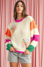 Beige Cute Flower Colorblock Puff Sleeve Sweater
