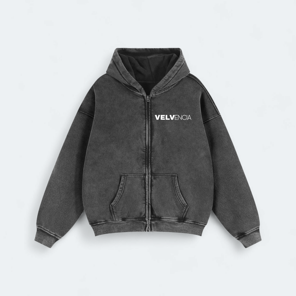 Black hoodie with 'VELVENCIA' branding on a light gray background