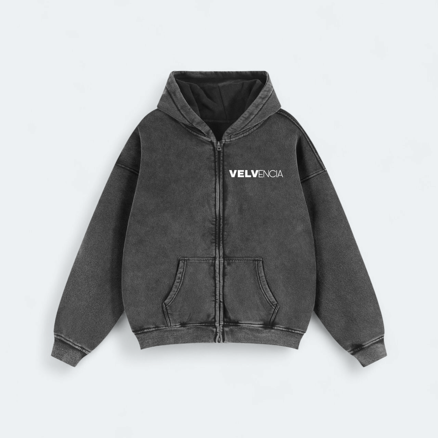 Black hoodie with 'VELVENCIA' branding on a light gray background