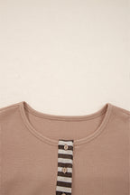 Straw Yellow Waffle Stripe Plaid Patchwork Henley Top
