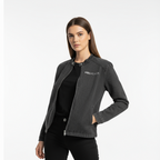 Woman wearing a dark gray jacket with a brand logo on a white background