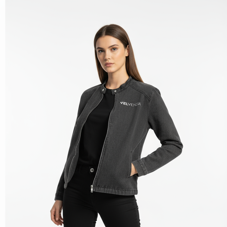 Woman wearing a dark gray jacket with a brand logo on a white background