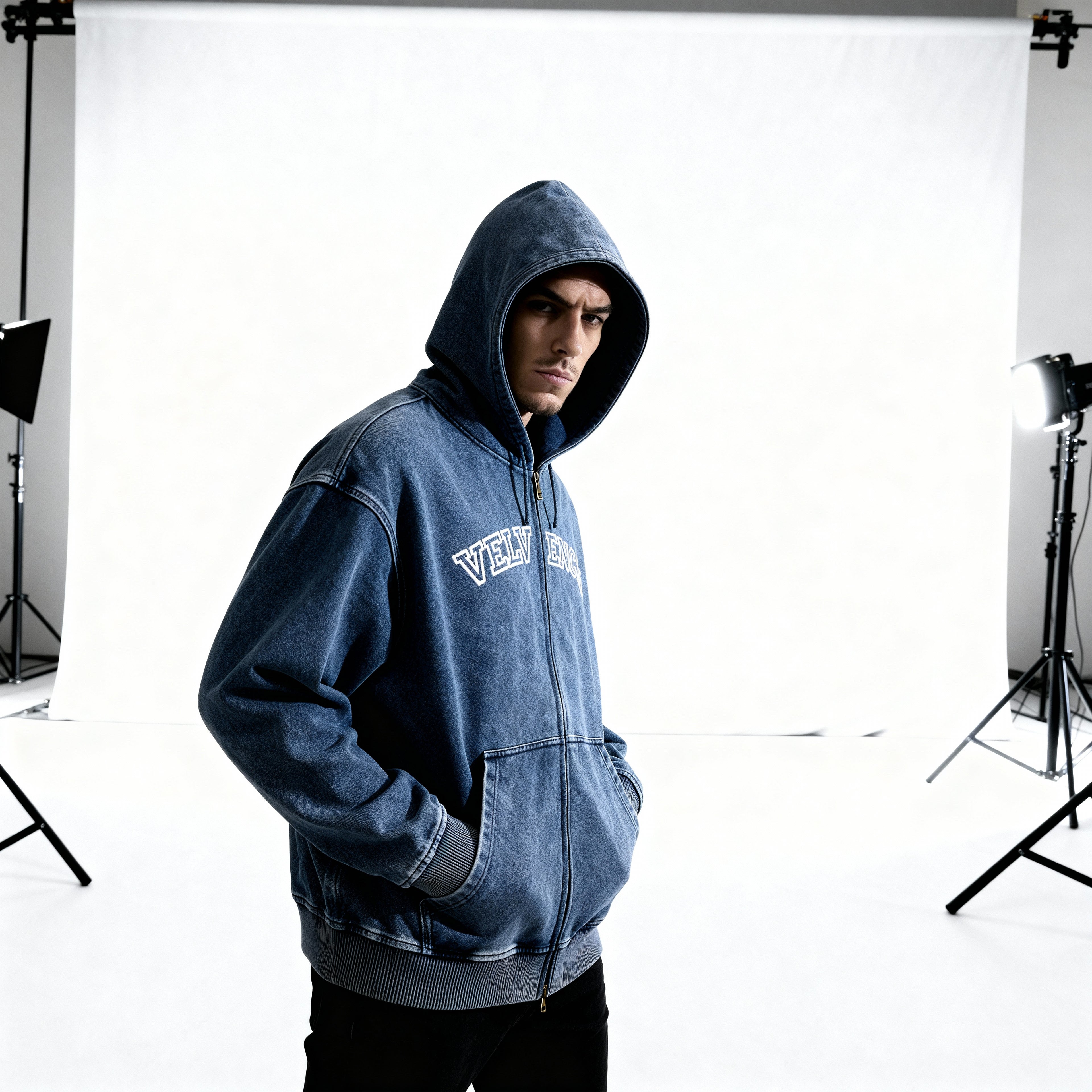Snow Wash Oversized Zip-Up Hoodie
