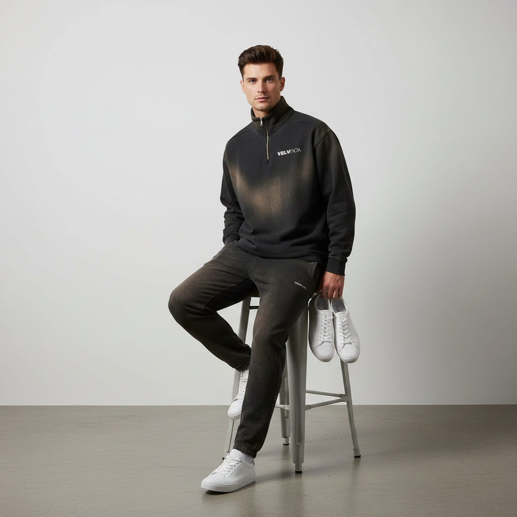 Man sitting on a stool wearing a black outfit with a visible brand logo against a plain background