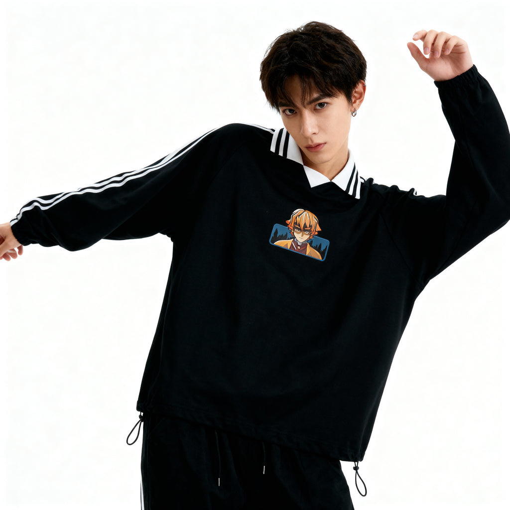 Contrast Striped Lapel Collar Sweatshirt