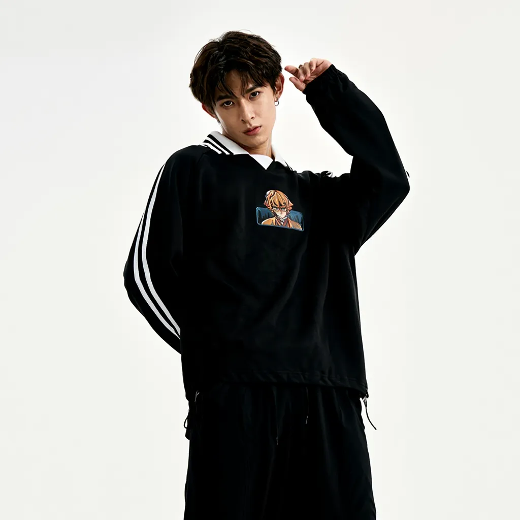 Contrast Striped Lapel Collar Sweatshirt