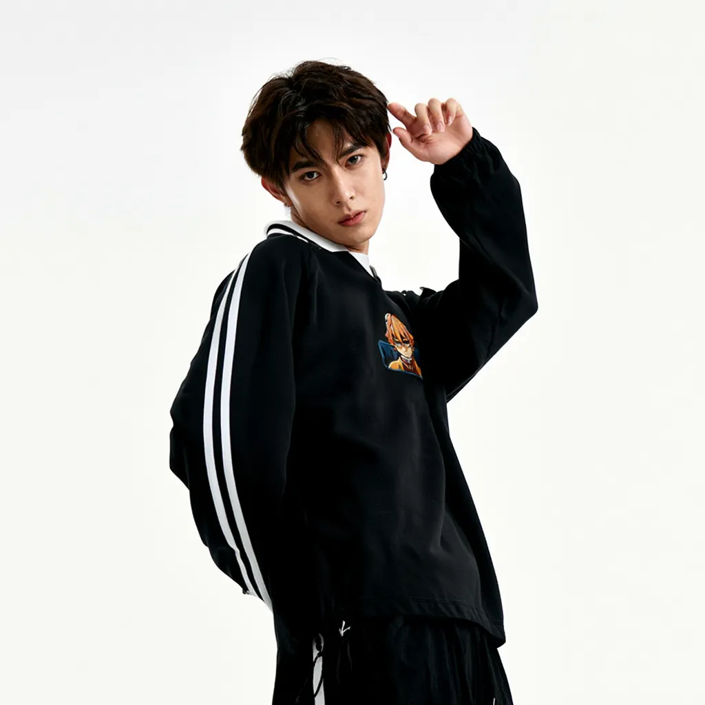 Contrast Striped Lapel Collar Sweatshirt