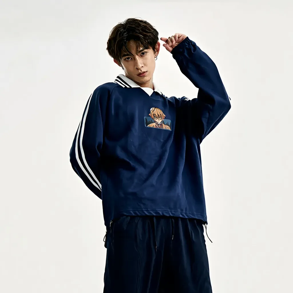 Contrast Striped Lapel Collar Sweatshirt