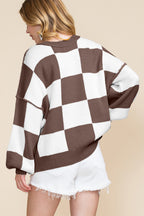 Dark Brown Plaid Bishop Sleeve Pullover Sweater