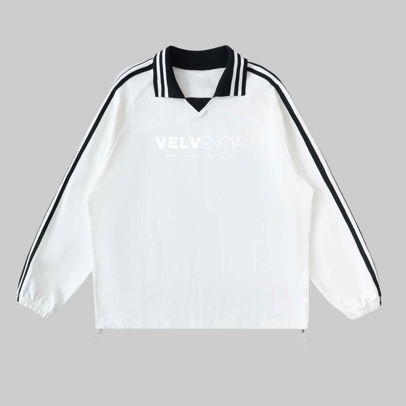 White jacket with black stripes and 'VELVET' branding on a white background