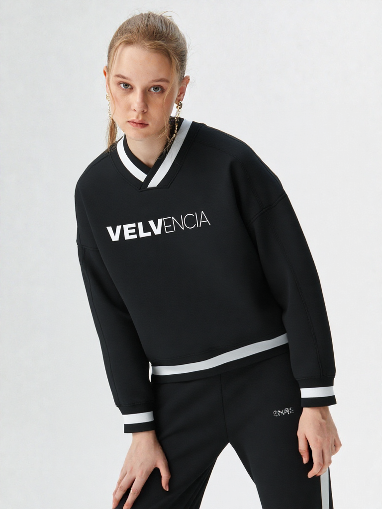 V-Neck Contrast Collar Boxy Sweatshirt