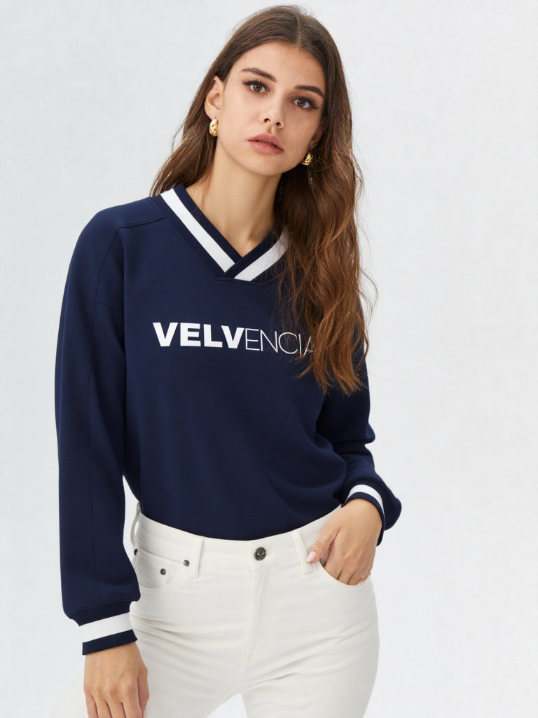 V-Neck Contrast Collar Boxy Sweatshirt
