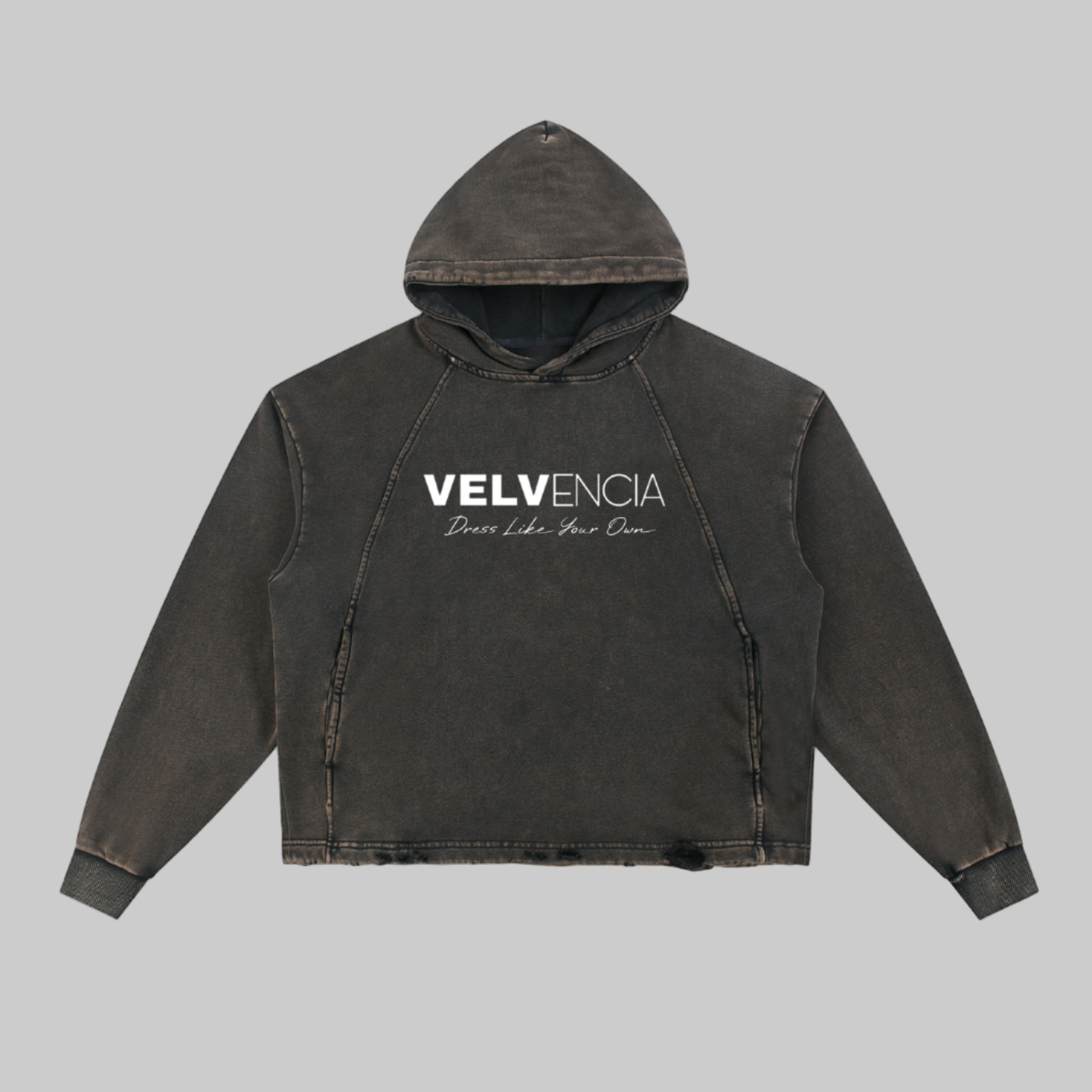 Black hoodie with 'Velvencia' logo on a white background