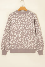 Gray Leopard Spots Pattern Ribbed Trim Drop Shoulder Sweater
