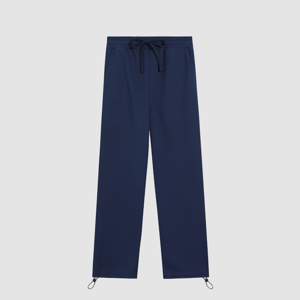 Navy blue pants with drawstring on a white background