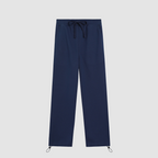 Navy blue pants with drawstring on a white background