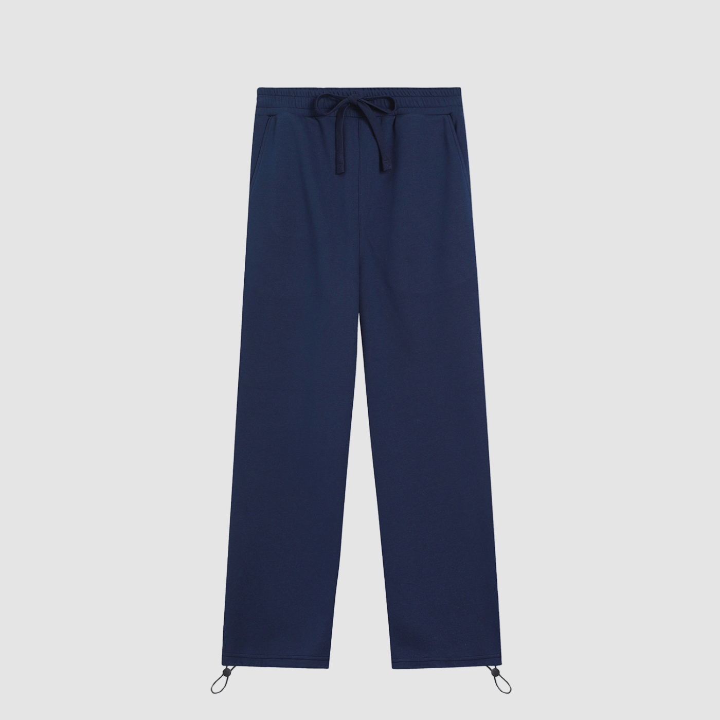Navy blue pants with drawstring on a white background