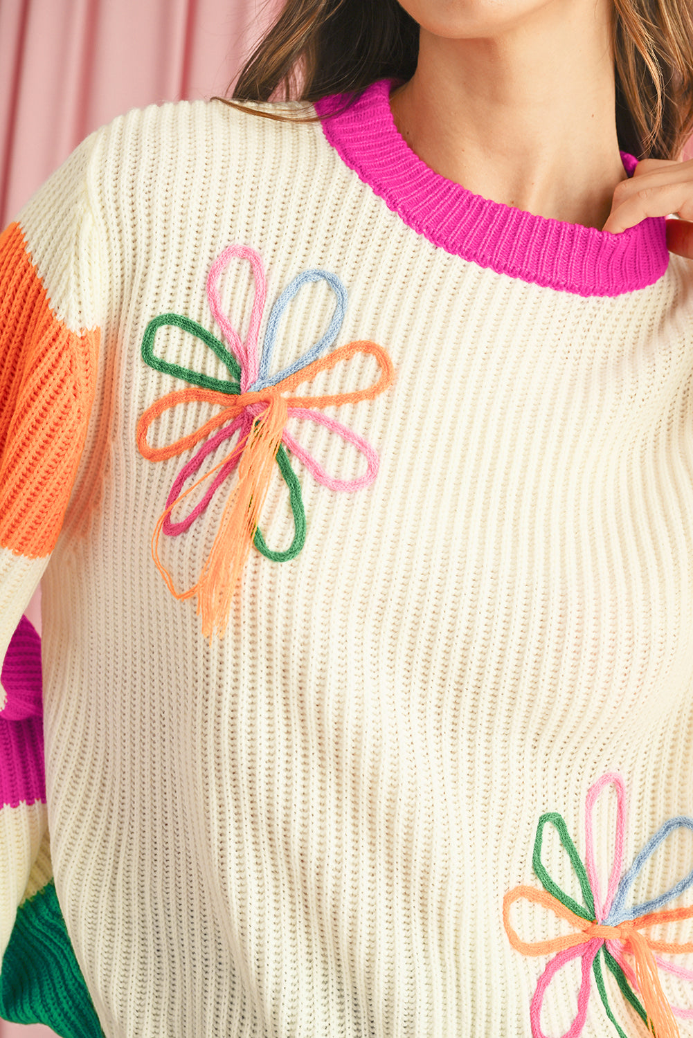 Beige Cute Flower Colorblock Puff Sleeve Sweater