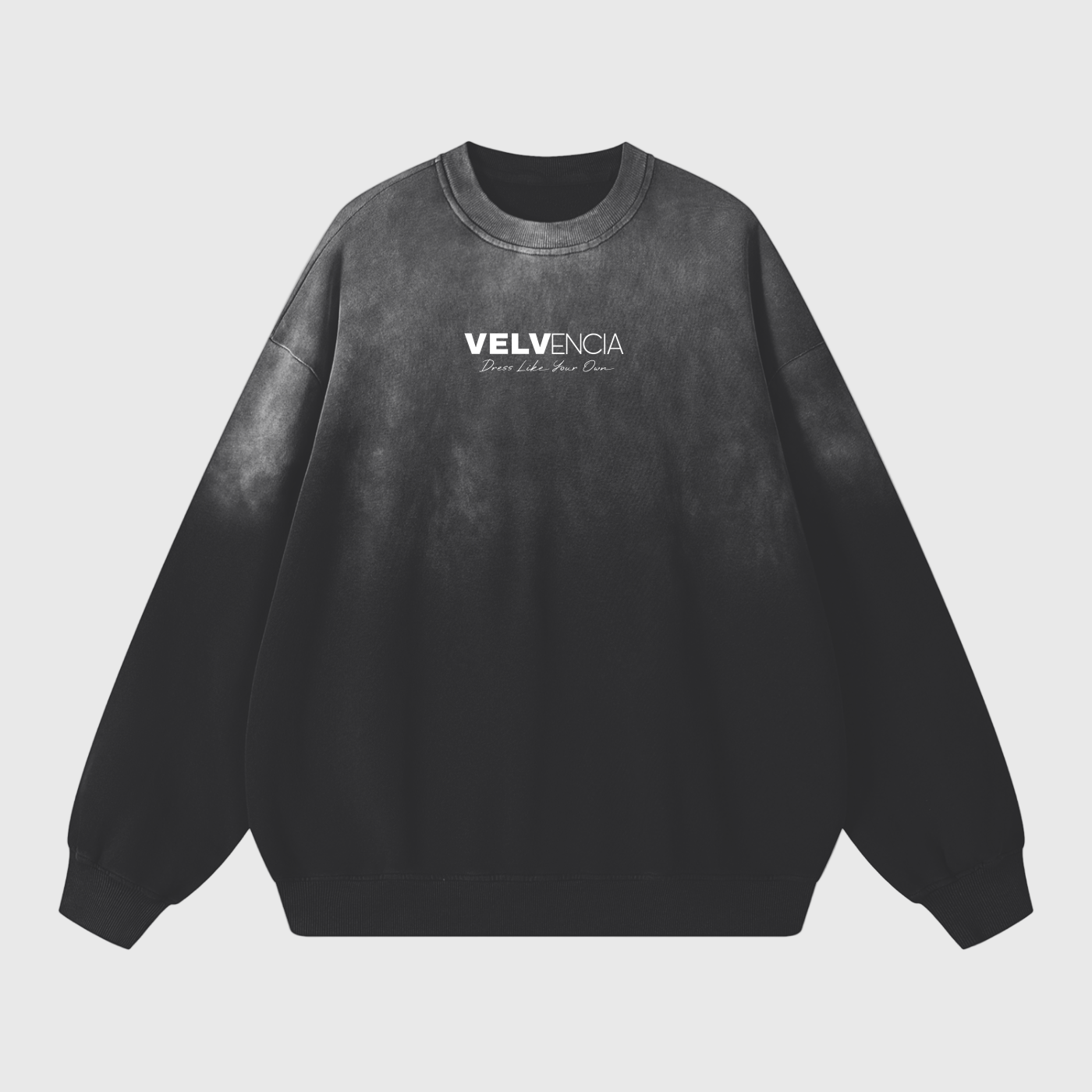 Black tie-dye sweatshirt with 'VELVENCIA' logo on a white background