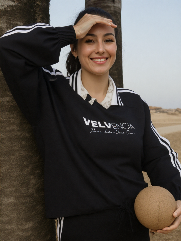 Velvencia Contrast Striped Lapel Collar Sweatshirt