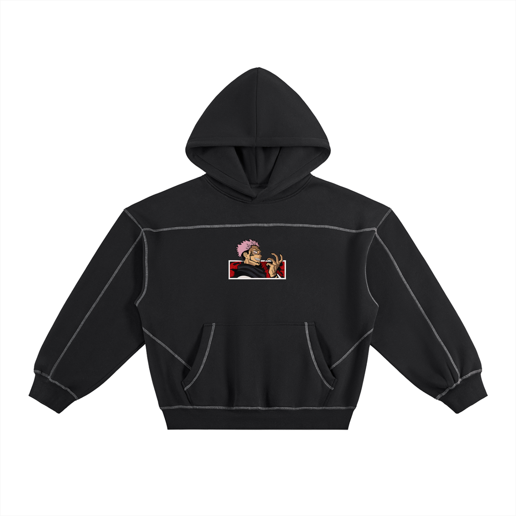 Black hoodie with a graphic design on the chest against a white background