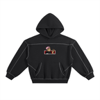 Black hoodie with a graphic design on the chest against a white background