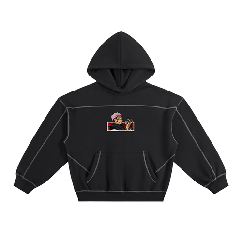 Black hoodie with a graphic design on the chest against a white background