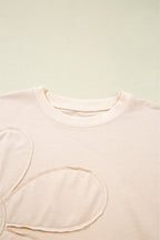 Beige Raw Edge Flower Patch Drop Shoulder Long Sleeve Top