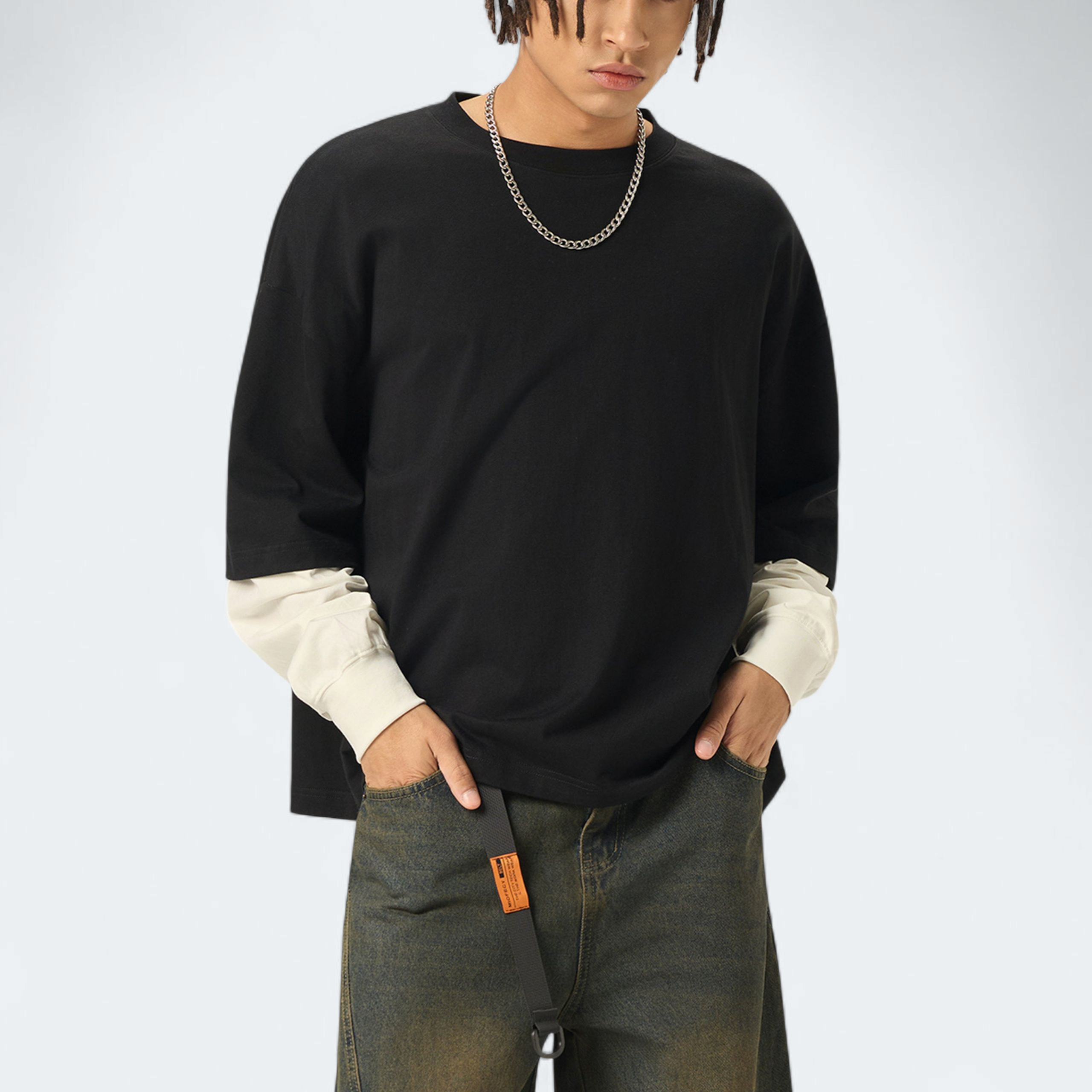 Layered Contrast Sleeve Cotton T-Shirt