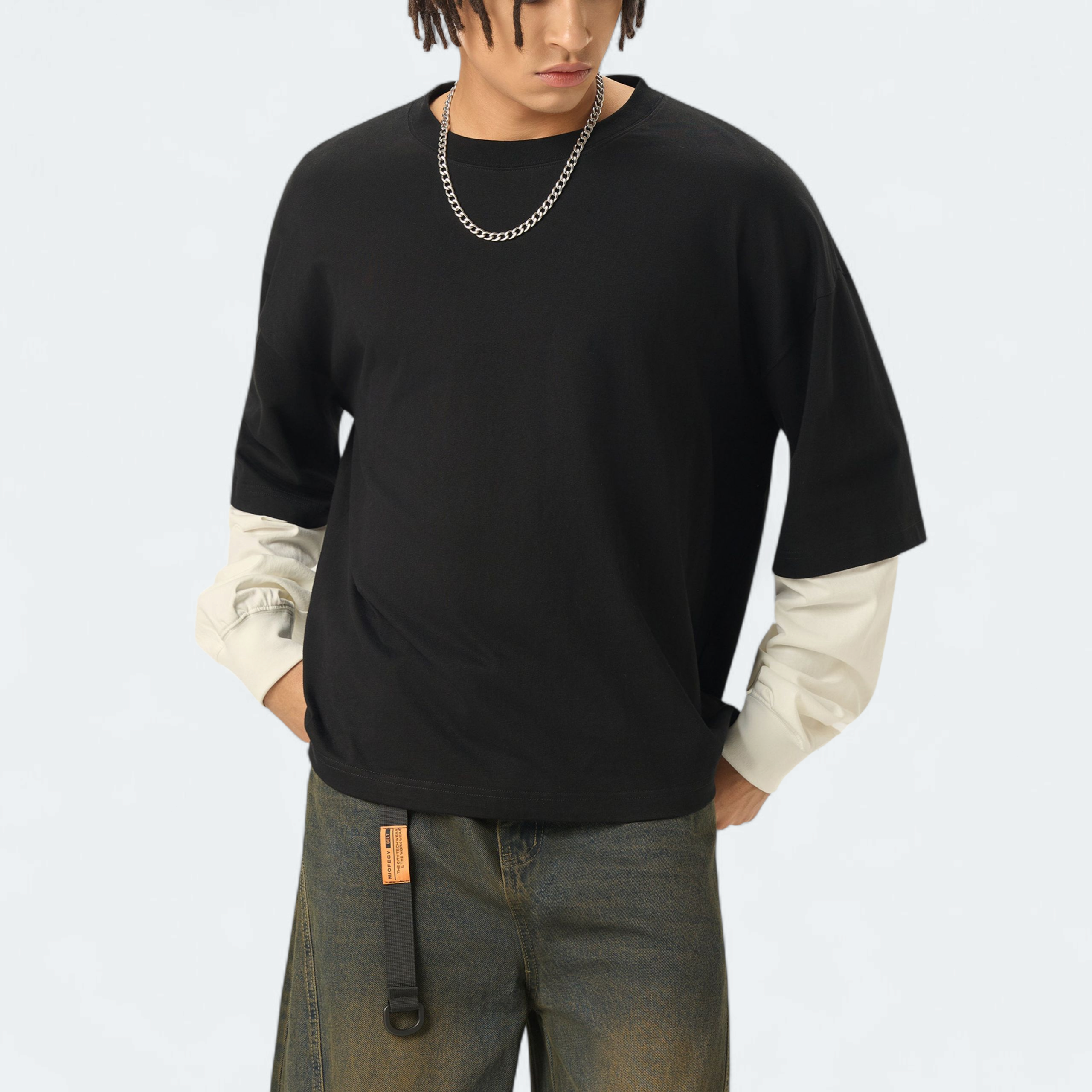 Layered Contrast Sleeve Cotton T-Shirt
