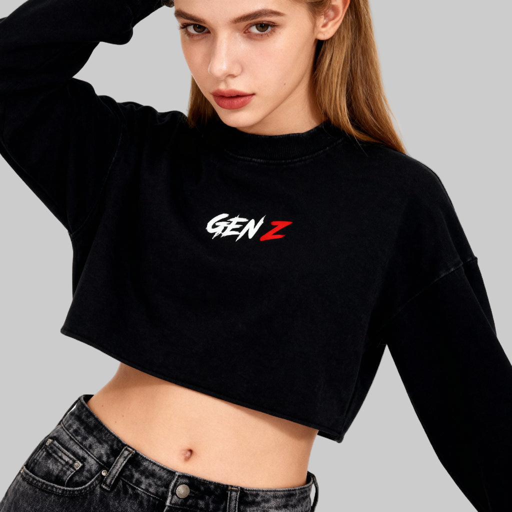 Snow Washed Raw Edge Cropped Sweatshirt