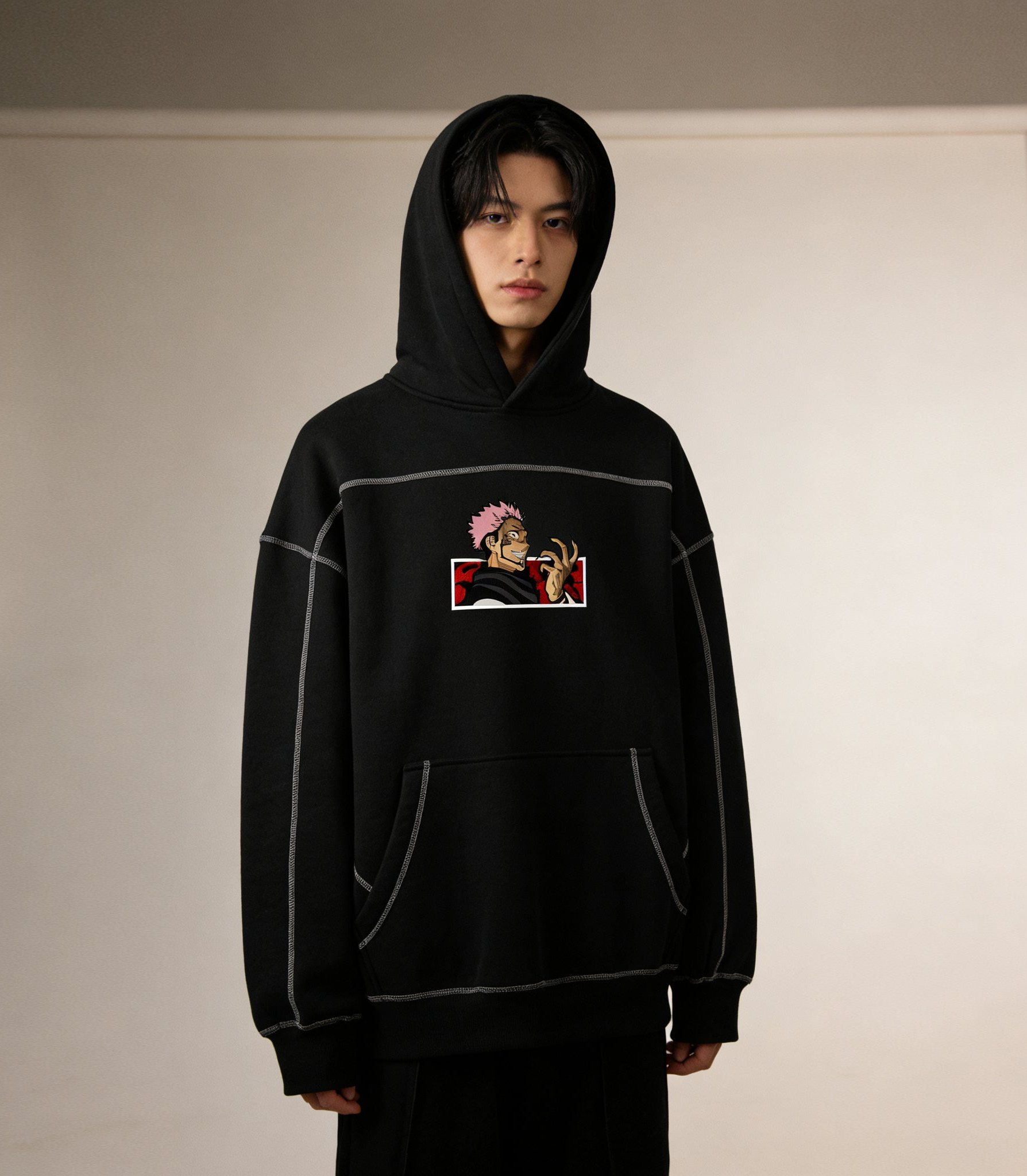 Contrast-Stitched Boxy Fleece Hoodie