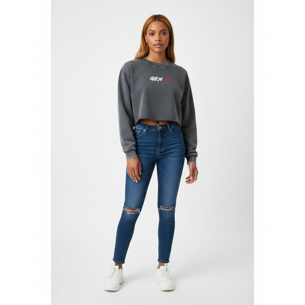Snow Washed Raw Edge Cropped Sweatshirt