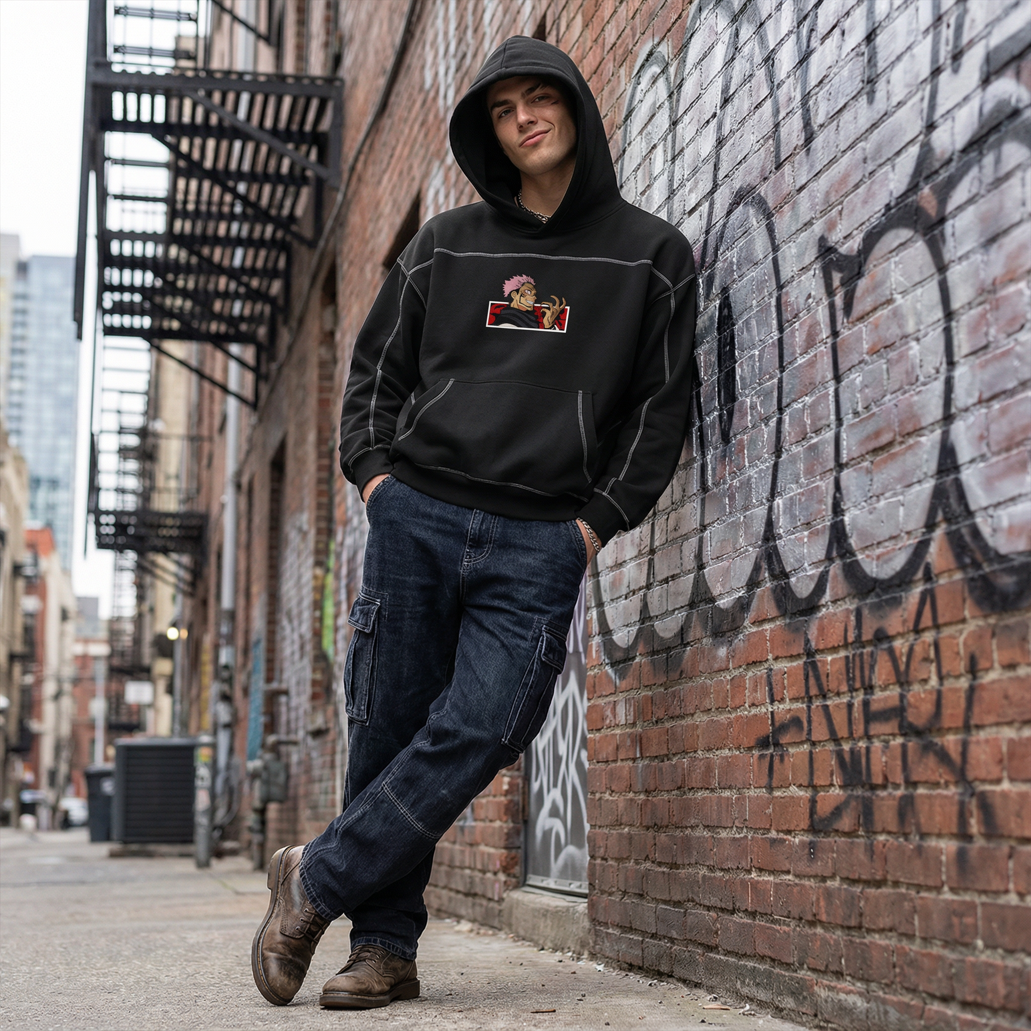 Contrast-Stitched Boxy Fleece Hoodie